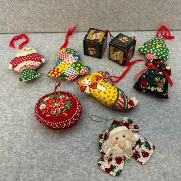 Lot of 9 Vintage Christmas Ornaments Fabric Some Quilted Homemade‎ Stitched - Picture 2 of 11